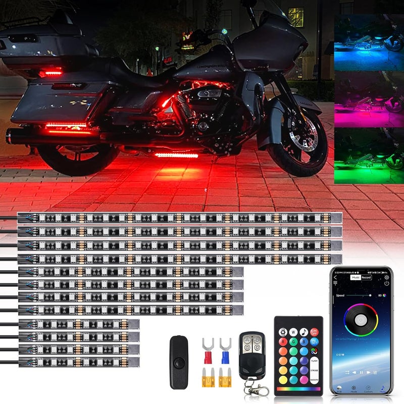 ZONECONA 12PCS Segmented Motorcycle RGB LED Light Kits with Brake Turn Signal, Underglow Lights with APP/Dual Remote, Multicolor 12v Waterproof Motorcycle LED Underglow Kit for Harley Yamaha Suzuki - Image 1